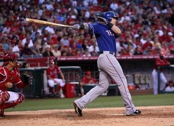 ANAHEIM, CA - JULY 08:  Josh Hamilton #32 of the Texas Rangers bats against the Los Angeles Angels of Anaheim on July 8, 2009 at Angel Stadium in Anaheim, California.  The Rangers won 8-1.  (Photo by Stephen Dunn/Getty Images)