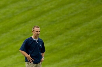 EARTH CITY, MO - MAY 2: Head coach Steve Spagnuolo of the St. Louis Rams watches his team during a mini camp on May 2, 2009 at the Russell Training Center in Earth City, Missouri.  (Dilip Vishwanat/Getty Images)