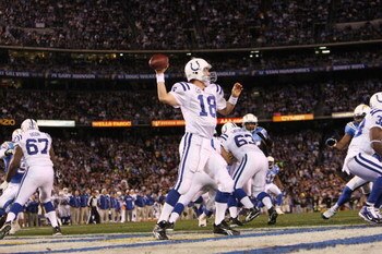 SAN DIEGO - JANUARY 03:  Quarterback Peyton Manning #18 of the Indianapolis Colts drops back to pass out of his end zone during the AFC Wild Card Game against the San Diego Chargers on January 3, 2009 at Qualcomm Stadium in San Diego, California.  (Photo 