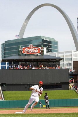 ST. LOUIS, MO - APRIL 23: Albert Pujols #5 of the St. Louis Cardinals rounds the bases after hitting his second home run of the game against the New York Mets on April 23, 2009 at Busch Stadium in St. Louis, Missouri. The Cardinals beat the Mets 12-8.  (P