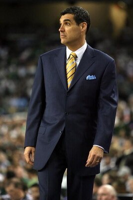 DETROIT - APRIL 04:  Head coach Jay Wright of the Villanova Wildcats reacts from the sideline while taking on the North Carolina Tar Heels during the National Semifinal game of the NCAA Division I Men's Basketball Championship at Ford Field on April 4, 20