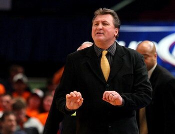NEW YORK - MARCH 11:  Head Coach Bob Huggins of the West Virginia Mountaineers reacts on the sideline during a game against the Notre Dame Fighting Irish during the second round of the Big East Tournament at Madison Square Garden on March 11, 2009 in New 