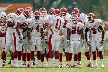 AUSTIN, TX - SEPTEMBER 27:  Quarterback Casey Dick #11 of the Arkansas Razorbacks leads the huddle during the game against the Texas Longhorns on September 27, 2008 at Darrell K Royal-Texas Memorial Stadium in Austin, Texas.  Texas won 52-10.  (Photo by B