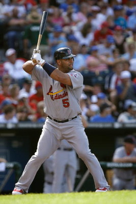 KANSAS CITY, MO - JUNE 20: Albert Pujols #5 of the St. Louis Cardinals bats against the Kansas City Royals during the game on June 20, 2009 at Kauffman Stadium in Kansas City, Missouri. (Photo by Jamie Squire/Getty Images)