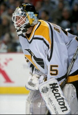 15 Mar 1998:  Goalie Tom Barrasso #35 of the Pittsburgh Penguins looks down the ice during a game against the Buffalo Sabres at the Marine Midland Arena in Buffalo, New York. The Sabres defeated the Penguins  3-0. Mandatory Credit: Craig Melvin  /Allsport