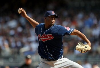 NEW YORK - APRIL 18: Fausto Carmona #55 of the Cleveland Indians pitches against the New York Yankees at Yankee Stadium on April 18, 2009 in the Bronx borough of New York City.  (Photo by Nick Laham/Getty Images)
