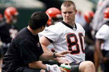 CINCINNATI, OH - MAY 1:  Third round draft pick Chase Coffman #80 of the Cincinnati Bengals stretches during rookie minicamp at Paul Brown Stadium on May 1, 2009 in Cincinnati, Ohio.  (Photo by Mark Lyons/Getty Images)