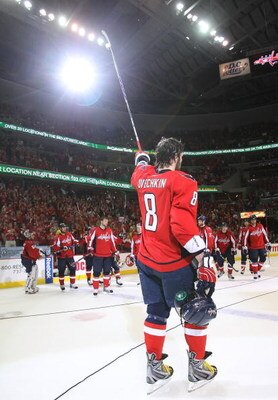 WASHINGTON - MAY 13: Alex Ovechkin #8 of the Washington Capitals leaves the ice following a 6-2 loss to the Pittsburgh Penguins in Game Seven of the Eastern Conference Semifinal  Round of the 2009 Stanley Cup Playoffs at Verizon Center on May 13, 2009 in 