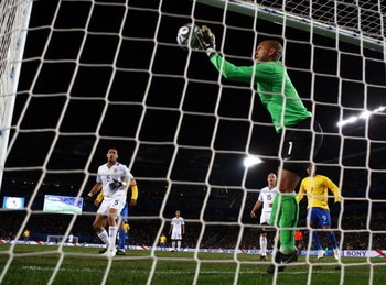 JOHANNESBURG, SOUTH AFRICA - JUNE 28:  Tim Howard of USA saves a header from Kaka of Brazil on the line during the FIFA Confederations Cup Final between USA and Brazil at the Ellis Park Stadium on June 28, 2009 in Johannesburg, South Africa.  (Photo by Al