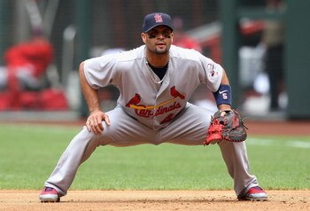 PHOENIX - APRIL 15:  Infielder lbert Pujols #5 of the St. Louis Cardinals in action during the game against the Arizona Diamondbacks at Chase Field on April 15, 2009 in Phoenix, Arizona. The Cardinals defeated the Diamondbacks 12-7.  (Photo by Christian P