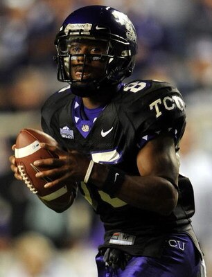 FORT WORTH, TX - OCTOBER 16:  Wide receiver Jeremy Kerley #85 of the TCU Horned Frogs runs for a touchdown in the first quarter at Amon G. Carter Stadium on October 16, 2008 in Fort Worth, Texas.  (Photo by Ronald Martinez/Getty Images)