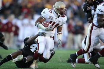 NASHVILLE, TN - DECEMBER 31:  Montel Harris #41 of the Boston College Eagles carries the ball against the Vanderbilt Commodores during the Gaylord Hotels Music City Bowl at LP Field on December 31, 2008 in Nashville, Tennessee.  (Photo by Andy Lyons/Getty