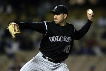 LOS ANGELES - SEPTEMBER 14:  Relief pitcher Brian Fuentes #40 of the Colorado Rockies pitches against the Los Angeles Dodgers in the ninth inning to pick up his 28th save on September 14, 2005 at Dodger Stadium in Los Angeles, California. The Rockies defe