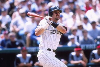 19 May 1999: Outfielder Larry Walker #33 of the Colorado Rockies swings at the ball during the game against the Cincinnati Reds at the Coors Field in Denver, Colorado. The Reds defeated the Rockies 12-24. Mandatory Credit: Brian Bahr  /Allsport