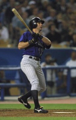 30 May 2001:  Todd Helton #17 of the Colorado Rockies watches his home run sail out of the park against the Los Angeles Dodgers at Dodger Stadium in Los Angeles, California.  DIGITAL IMAGE Mandatory Credit: Jeff Gross/ALLSPORT