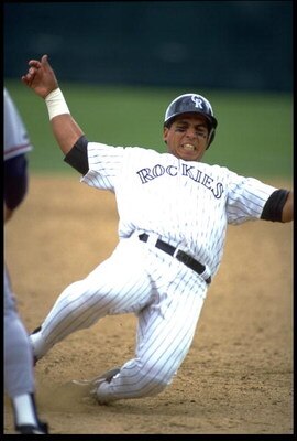 9 MAY 1993:  ANDRES GALARRAGA, FIRST BASEMAN FOR THE COLORADO ROCKIES, SLIDES INTO THIRD BASE DURING THEIR GAME AGAINST THE ATLANTA BRAVES AT MILE HIGH STADIUM IN DENVER, COLORADO.  MANDATORY CREDIT: TIM DEFRISCO/ALLSPORT.