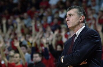 COLLEGE PARK, MD - NOVEMBER 30:  Head coach Danny Nee of Duquesne looks on against Maryland during NCAA basketball action on November 30, 2002 at the Comcast Center in College Park, Maryland.  Maryland defeated the Duquesne 89-39.  (Photo by Doug Pensinge