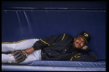 27 May 1992: Second baseman Jose (Chico) Lind of the Pittsburgh Pirates reclines happily on the bench during a game against the San Diego Padres at Jack Murphy Stadium in San Diego, California.