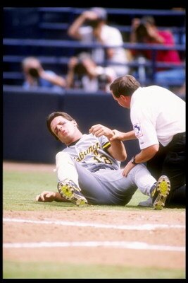 27 May 1992:  Andy Van Slyke of the Pittsburgh Pirates lays on the ground after being hit with a pitch during a game against the San Diego Padres at Jack Murphy Stadium in San Diego, California. Mandatory Credit: Stephen Dunn  /Allsport