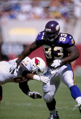 5 Oct 1997:  Defensive lineman John Randle of the Minnesota Vikings gets blocked during a game against the Arizona Cardinals at Sun Devil Stadium in Tempe, Arizona.  The Vikings won the game, 20-19. Mandatory Credit: Stephen Dunn  /Allsport