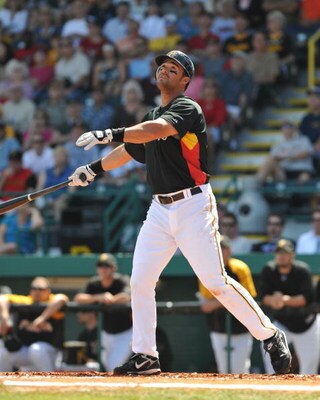 BRADENTON, FL - MARCH 8:  Infielder Garrett Jones #69 of the Pittsburgh Pirates follows a fly ball against the Houston Astros March 8, 2009 at McKechnie Field in Bradenton, Florida.  (Photo by Al Messerschmidt/Getty Images)