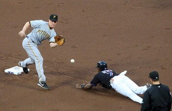 NEW YORK - MAY 08:  Luis Castillo #1 of the New York Mets beats the throw to Brian Bixler #10 of the Pittsburgh Pirates for a stolen base in the first inning on May 8, 2009 at Citi Field in the Flushing neighborhood of the Queens borough of New York City.