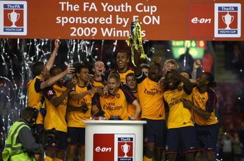 LIVERPOOL, ENGLAND - MAY 26:  The Arsenal team celebrate winning the FA Youth Cup during the second leg of the FA Youth Cup final sponsored by E.ON, between Liverpool and Arsenal at Anfield on May 26, 2009 in Liverpool, England.  (Photo by Jamie McDonald/