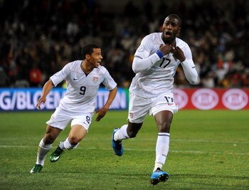 BLOEMFONTEIN, SOUTH AFRICA - JUNE 24:  Jozy Altidore (R) of USA celebrates scoring his sides opening goal with his teammate Charlie Davies during the FIFA Confederations Cup Semi Final match between Spain and USA at Free State Stadium on June 24, 2009 in 