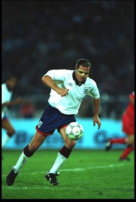 8 SEP 1993:  PAUL GASCOIGNE OF ENGLAND WEARING HIS PROTECTIVE MASK CONTROLS THE BALL DURING A WORLD CUP QUALIFYING MATCH AGAINST POLAND PLAYED IN KATOWICE. THE MATCH ENDED IN A 1-1 DRAW.
