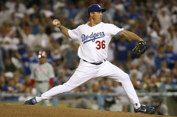 LOS ANGELES, CA - OCTOBER 15:  Pitcher Greg Maddux #36 of the Los Angeles Dodgers on the mound against the Philadelphia Phillies in Game Five of the National League Championship Series during the 2008 MLB playoffs on October 15, 2008 at Dodger Stadium in 