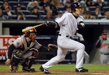 NEW YORK - MAY 19:  Hideki Matsui #55 of the New York Yankees bats in the sixth inning against the Baltimore Orioles at Yankee Stadium May 19, 2009 in the Bronx borough of New York City.  (Photo by Jim McIsaac/Getty Images)
