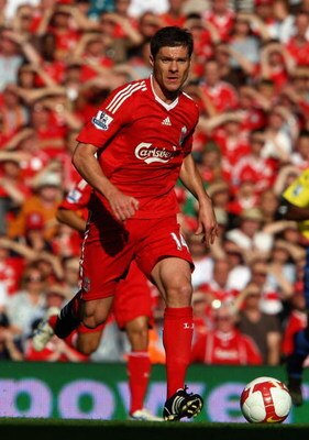 LIVERPOOL, UNITED KINGDOM - SEPTEMBER 20:  Xabi  Alonso of Liverpool in action during the Barclays Premier League match between Liverpool and Stoke City at Anfield on September 20, 2008 in Liverpool, England.  (Photo by Clive Brunskill/Getty Images)