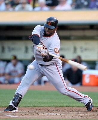 OAKLAND, CA - JUNE 23:  Pablo Sandoval #48 of the San Francisco Giants hits an RBI triple in the first inning against the Oakland Athletics during a Major League Baseball game on June 23, 2009 at the Oakland Coliseum in Oakland, California.  (Photo by Jed