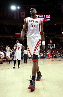 HOUSTON - APRIL 21:  Dikembe Mutombo #55 of the Houston Rockets walks on the floor before the tipoff of Game Two of the Western Conference Quarterfinals against the Utah Jazz during the 2008 NBA Playoffs at the Toyota Center April 21, 2008 in Houston, Tex