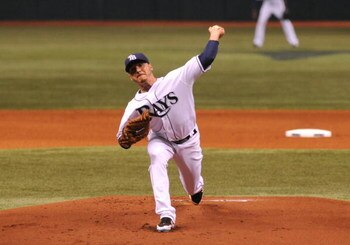 ST. PETERSBURG, FL - APRIL 13: Pitcher Scott Kazmir #19 of the Tampa Bay Rays starts against the New York Yankees on April 13, 2009 at Tropicana Field  in St. Petersburg, Florida.  (Photo by Al Messerschmidt/Getty Images) 