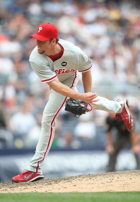 NEW YORK - MAY 24:  Brad Lidge #54 of the Philadelphia Phillies pitches  against the New York Yankees on May 24, 2009 at Yankee Stadium in the Bronx borough of New York City.  (Photo by Nick Laham/Getty Images)