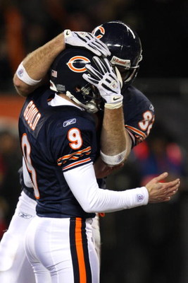 CHICAGO - DECEMBER 11: Robbie Gould #9 and Scott Olsen #82 of the Chicago Bears celebrate after Gould's game-winning 35-yard field goal attempt went through the upright in overtime against the New Orleans Saints at Soldier Field on December 11, 2008 in C
