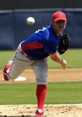 TAMPA, FL - APRIL 01:  Pitcher Kyle Drabek #96 of the Philadelphia Phillies starts against the New York Yankees at George Steinbrenner Field April 1, 2009 in Tampa, Florida.  (Photo by Al Messerschmidt/Getty Images)