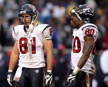 OAKLAND, CA - DECEMBER 21:  Owen Daniels #81 and Andre Johnson #80 of the Houston Texans look on against the Oakland Raiders during an NFL game on December 21, 2008 at the Oakland-Alameda County Coliseum in Oakland, California.  (Photo by Jed Jacobsohn/Ge