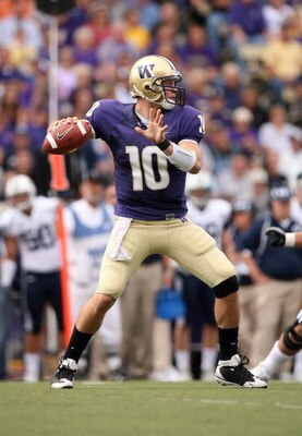 SEATTLE - SEPTEMBER 6:  Jake Locker #10 of the Washington Huskies passes the ball during their game against the BYU Cougars on September 6, 2008 at Husky Stadium in Seattle, Washington. The Cougars defeated the Huskies 28-27. (Photo by Otto Greule Jr/Gett