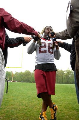 ASHBURN, VA - MAY 1:  Clinton Portis #26 of the Washington Redskins talks to the media after minicamp on May 1, 2009 at Redskins Park in Ashurn, Virginia.   (Photo by Mitchell Layton/Getty Images)