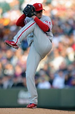 DENVER - APRIL 11:  Starting pitcher Brett Myers #39 of the Philadelphia Phillies delivers against the Colorado Rockies during MLB action at Coors Field on April 11, 2009 in Denver, Colorado. Meyers earned the win as the Phillies defeated the Rockies 8-4.