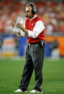GLENDALE, AZ - JANUARY 05:  Head coach Jim Tressel of the Ohio State Buckeyes reacts during the Tostitos Fiesta Bowl Game against the Texas Longhorns on January 5, 2009 at University of Phoenix Stadium in Glendale, Arizona.   The Longhorns defeated the Bu