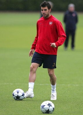 LONDON, ENGLAND - MAY 04: Cesc Fabregas warms up during Arsenal's training session prior to Tuesday's Champions League fixture against Manchester United at London Colney training ground on May 04, 2009 in London, England.  (Photo by Tom Dulat/Getty Images