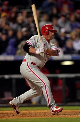 DENVER - APRIL 11:  Matt Stairs #12 of the Philadelphia Phillies takes an at bat against the Colorado Rockies during MLB action at Coors Field on April 11, 2009 in Denver, Colorado. The Phillies defeated the Rockies 8-4.  (Photo by Doug Pensinger/Getty Im