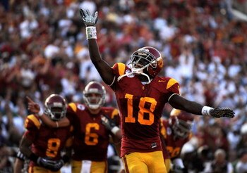 PASADENA, CA - JANUARY 01:  Damian Williams #18 of the USC Trojans celebrates a touchdown at the end of the first half against the Penn State Nittany Lions during the 95th Rose Bowl Game presented by Citi on January 1, 2009 at the Rose Bowl in Pasadena, C