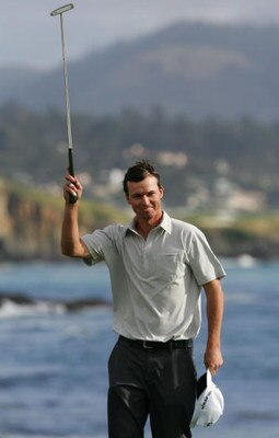 PEBBLE BEACH, CA - FEBRUARY 11: John Mallinger celebrates after coming in third at the AT&T Pebble Beach National Pro-Am at the Pebble Beach Golf Links on February 11, 2007 in Pebble Beach, California.   (Photo by Jed Jacobsohn/Getty Images)