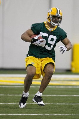 GREEN BAY, WI - MAY 1:  Linebacker Brad Jones #59 runs as he participates in practice drills during Green Bay Packers Minicamp at Don Hutson Center on May 1, 2009 in Green Bay, Wisconsin. (Photo by Scott Boehm/Getty Images)