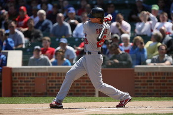 CHICAGO - APRIL 17:  Colby Rasmus #28 of the St. Louis Cardinals bats against the Chicago Cubs on April 17, 2009 at Wrigley Field in Chicago, Illinois. (Photo by Jonathan Daniel/Getty Images) 