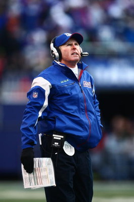 EAST RUTHERFORD, NJ - JANUARY 11: Head Coach Tom Coughlin of the New York Giants looks on against the Philadelphia Eagles during the NFC Divisional Playoff Game on January 11, 2009 at Giants Stadium in East Rutherford, New Jersey. The Eagles defeated t